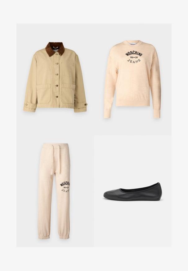 Beige Baumwolljacke mit braunem Cordkragen, vorderem Knopfverschluss, zwei großen Taschen und Stichdetails. Klassisches Design mit langen Ärmeln.; Helles beiges Sweatshirt aus weichem Strick, mit rundem Halsauschnitt, langen Ärmeln und einem schwarzen gestickten Logo mit dem Text "Moschino Jeans."; Beige Jogginghose mit elastischen Bündchen und Bund. Auf dem linken Oberschenkel befindet sich ein schwarzes Drucklogo "MOSCHINO 86 ❤ 23 JEANS". Weicher Stoff.; Schwarze Leder-Ballettschuhe mit abgerundeter Spitze, glatter Textur, minimalen Nähdetails und einem flexiblen Sohlen-Design.