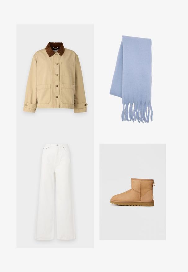 Beige bomulljacka med brunt kordflorkrage, knappstängning fram, två stora fickor och syddetaljer. Klassisk design med långa ärmar.; Krämsfärgad stickad tröja med långa ärmar, ribbade mudd, nederkant och rundad halsringning på en vit bakgrund.; Vita högmidjade vida jeans i denim. Har framfickor, knappstängning och fransade fållar.; Tan mockasinfärgad ankelbotten med rund tå, sydda detaljer, dragflik på baksidan och ett strukturerat gummisul. Designad för komfort och värme.; Ljusblå ullsjal med mjuk textur, förlängd form och fransade kanter för extra detalj. Perfekt för värme och komfort.; Brun mockaskinns tote-väska med två rejäla handtag, bred öppen topp och minimala söm detaljer, med en mjuk textur och rymligt inre.