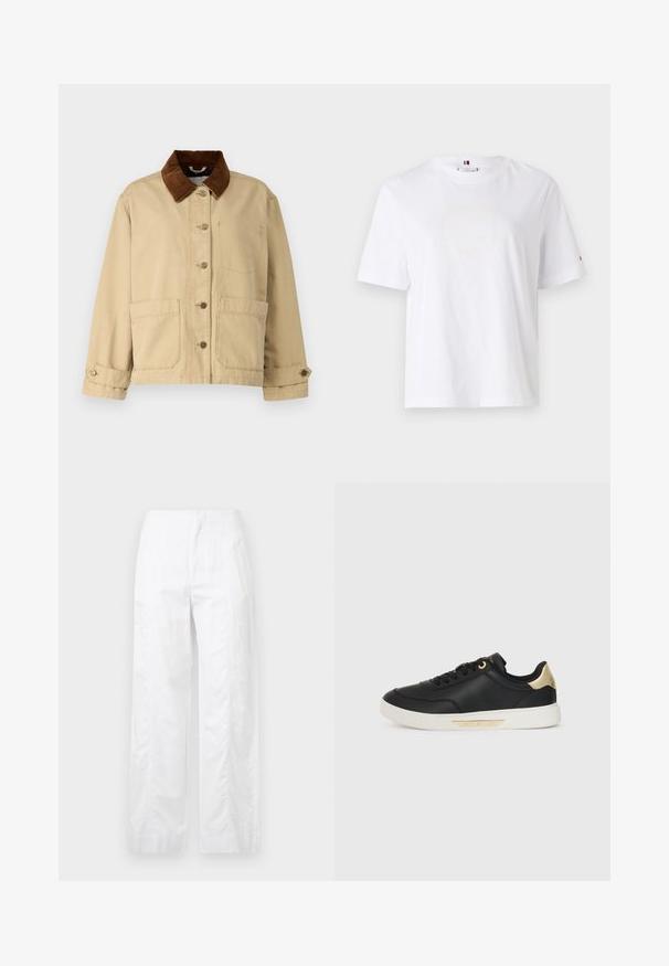 Bež jakna iz bombaža z rjavim žametom na ovratniku, sprednje zaklepanje s gumbi, dvema velikima žepoma in podrobnostmi šivanja. Klasičen dizajn z dolgimi rokavi.; Bela bombažna majica s krojem, kratkimi rokavi in subtilnim rumenim logotipom z napisom "HILFIGER NEW YORK 1985." Standardna prileganje.; Bela široka hlače iz lahkega materiala, ki se ponašajo z gladko teksturo, čistimi linijami in visokim pasom.; Črne usnjene teniske z gladko teksturo, bele gumijaste podplate, zlatimi detajli na peti in očesci ter logotipom na strani.