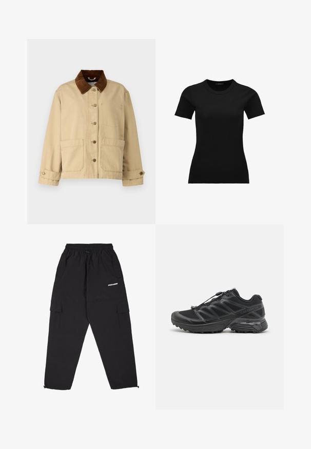 Beżowa bawełniana kurtka z brązowym kołnierzem z sztruksu, zapinana na guziki z przodu, posiadająca dwie duże kieszenie oraz detale w postaci ściegów. Klasyczny fason z długimi rękawami.; Czarny, prążkowany t-shirt z krótkim rękawem i okrągłym dekoltem. Materiał jest gładki i elastyczny, zaprojektowany z myślą o dopasowanym kroju.; Pegador - Spodnie treningowe; Czarny but biegowy z siateczkowym i syntetycznym wierzchem, elastyczną podeszwą oraz elastycznymi sznurówkami. Oferuje amortyzującą podeszwę środkową dla komfortu.