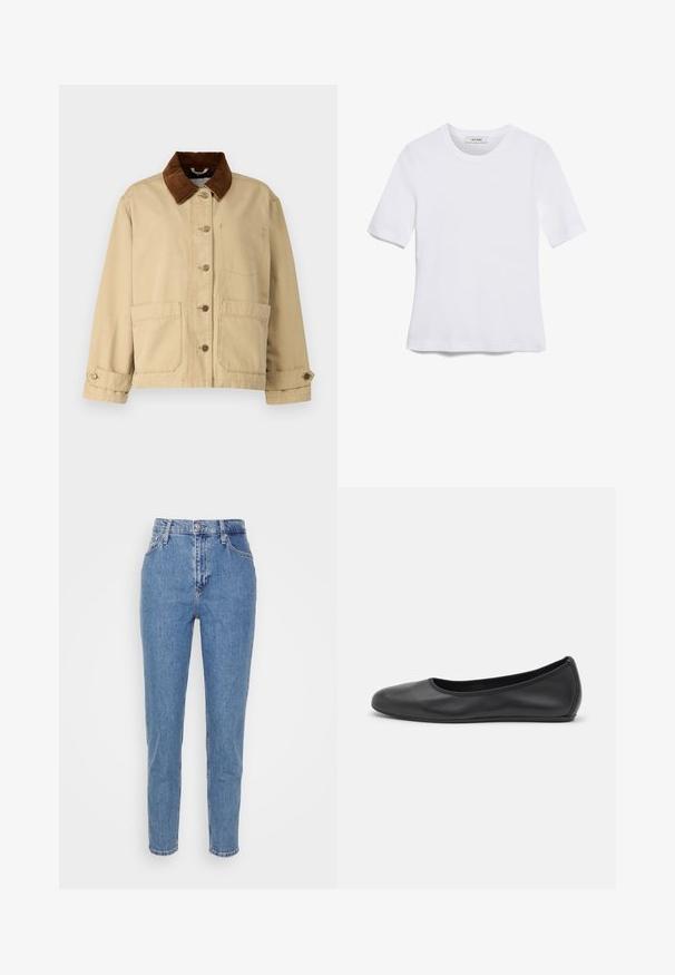 Kremo spalvos medvilninė striukė su ruda švelniai voteline apykakle, priekyje mygtukų uždarymas, dvi didelės kišenės ir siuvinėjimo detalės. Klasikinis dizainas su ilgomis rankovėmis.; Balta trumpa rankovėmis marškinėliai, pagaminti iš pasiruošusio audinio. Apvali iškirptė, reguliari tinkamumas ir subtilūs siuvimo detalės. Be raštų ar grafikos.; Mėlyni aukšto juosmens tiesaus kirpimo džinsai su priekiniais mygtukais ir užtrauktuku, diržo kilpos ir kišenės, demonstruojami ant švaraus balto fono.; Juodai odiniai baletai su apvaliu pirštu, lygi texture, minimalus siuvimo detales ir lanksčiu padų dizainu.