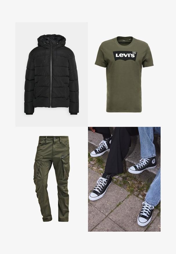 Melnā pūkāmā jaka ar kapuci, ar rāvējslēdzēja priekšpusi, elastīgām piedurknēm un kviltēta dizaina. Izgatavota no viegla, izolējoša materiāla.; Olīvu zaļš kokvilnas T-krekls ar lielu melnu Levi's logo priekšpusē. Klasisks apaļais kakls un īsas piedurknes, gluda tekstūra.; Olīvu zaļi kravas bikses, izgatavotas no izturīgas kokvilnas. Iespēj multiple kabatas, ar rāvējslēdzēju sānu kabatu un sašaurinātiem kāju galiem ar nedaudz teksturētu apdari.; Melni augstie kanvas sporta apavi ar baltām gumijas zolemi un šņorēm, ar apļa logotipu sānos, kombinēti ar džinsu un melnām biksēm.