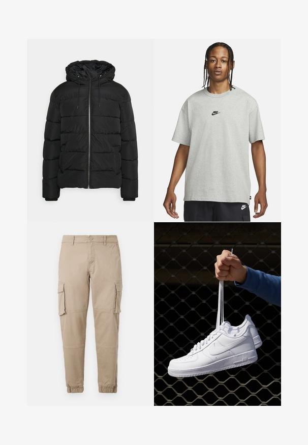 Černá péřová bunda s kapucí, opatřená zipem v přední části, elastickými manžetami a prošívaným vzorem. Vyrobeno z lehkého, tepelně izolačního materiálu.; Mladý člověk s pletenými vlasy, oblečený v světle šedém tričku Nike a černých šortkách Nike, na čistém bílém pozadí.; Béžové cargo kalhoty z lehkého bavlněného materiálu. Mají elastické manžety, více bočních kapes a zapínání na knoflík.; Bílé kožené tenisky s perforacemi, kulatou špičkou, plochou podrážkou a silnými tkaničkami, které mají viditelné logo swoosh a nápis "AIR" na patě.