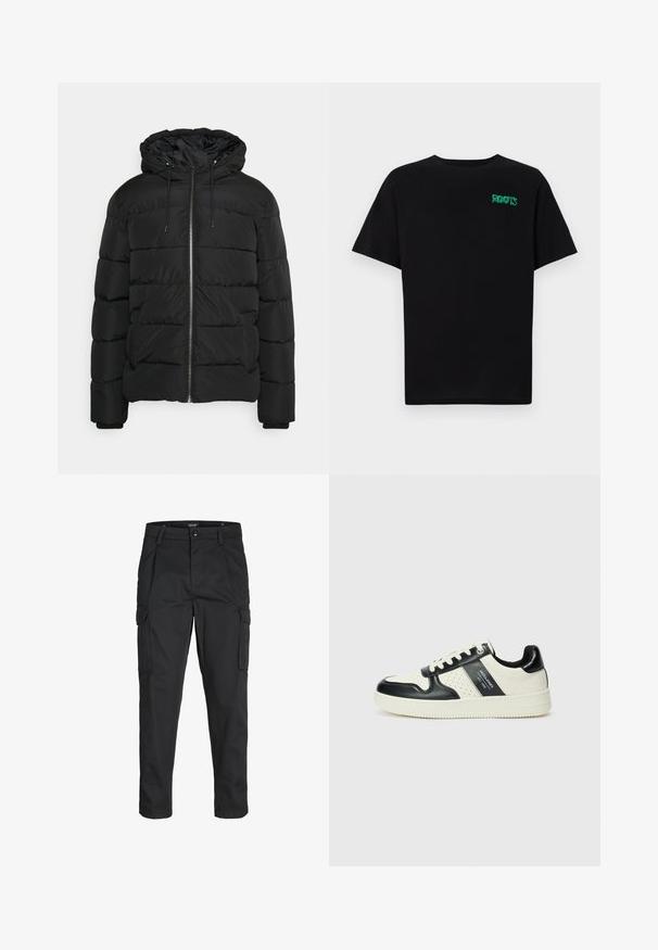 Must have kapuutsiga must puffer-jakk, millel on tõmblukk esiküljel, elastsed mansetid ja tikandiga disain. Valmistatud kergetest isoleeritud materjalidest.; Must t-särk, mis on valmistatud puuvillast, lühikeste varrukatega. Esipaneelil on roheline "ROOTS" logo, ümmargune kaelus ja tavapärane lõige.; Mustad mustapõlvik, mis on valmistatud tugeva koe kasutades, sisaldab mitmeid taskuid, nupule kinnitatav sulgemine ja kitsenev disain.; Nahatud nahkkingad musta ja kreemi värviskeemiga, millel on perforeeritud aktsendid, pehme krae ja tekstureeritud tallad.