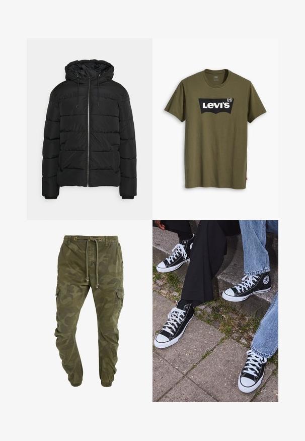 Chaqueta acolchada negra con capucha, con cierre frontal de cremallera, puños elastizados y diseño acolchado. Fabricada con material ligero e insulated.; Camiseta de algodón verde oliva con un gran logotipo negro de Levi's en una forma semicircular contrastante en el pecho. Corte regular.; Pantalones cargo verdes con patrón de camuflaje, con cintura ajustable mediante cordón, puños elásticos y bolsillos laterales. Fabricados con un material duradero.; Zapatillas de lona negras de caña alta con suelas y cordones de goma blanca, con un logo circular en el lado, combinadas con unos pantalones de mezclilla y negros.