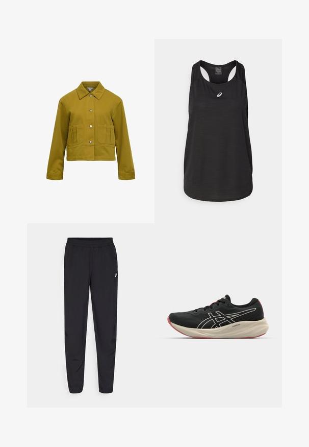 Geelgroene cropped jas met knoopsluiting, spitse kraag, twee voorzakken en lange mouwen. Zachte stoftextuur.; Zwarte sportieve tanktop van lichtgewicht stof. Heeft een ronde halslijn, racerback ontwerp en een klein wit logo op de voorkant.; Zwarte sportbroek met een elastische tailleband, taps toelopende pijpen met boorden, gemaakt van een lichtgewicht, soepele stof, en een klein logo op de dij.; Zwarte hardloopschoen met een bovenwerk van mesh en witte accenten. Beschikt over een gewatteerde tussenzool en rode details op de buitenzool. Lichtgewicht ontwerp.