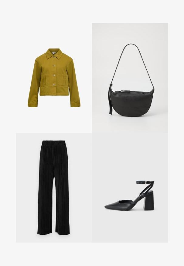 Veste cropped jaune-vert avec fermeture à boutons, col pointu, deux poches plaquées à l'avant et manches longues. Texture du tissu lisse.; T-shirt noir à manches courtes avec une coupe décontractée, présentant une texture lisse et un col rond. Tissu léger avec un subtil éclat.; Pantalons plissés noirs avec une taille élastique. Présente des jambes larges et un tissu lisse texturé avec des rayures verticales.; Escarpin noir en cuir à bout pointu avec une bride de cheville et un talon épais. Texture lisse, design élégant et esthétique minimaliste.; Sac à bandoulière en cuir noir avec une forme incurvée, une seule bandoulière, une fermeture éclair et des détails de couture subtils le long du corps.