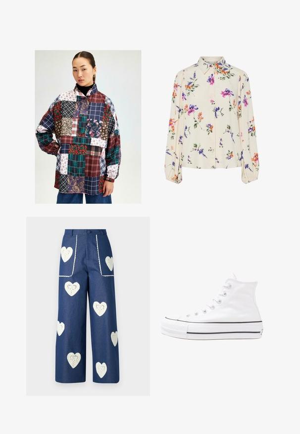 Srajca iz patchworka z raznolikimi vzorci, vključno s cvetličnim, karirastim in paisley dizajnom. Barve vključujejo burgundno, mornarsko modro, zeleno in belo. Dolgi rokavi.; Cvetna bluzica z dolgimi puff rokavi, svetlo smetanaste barve, s purpurnimi, oranžnimi in zelenimi cvetličnimi vzorci ter klasičnim ovratnikom.; Sister Jane HEART TO HEART - Ravne kavbojke - blue denim; Beli visoki platneni športni čevelj z črnim gumijastim podplatom, sprednjim gumijastim zaščitnikom za prste in šestimi luknjicami za vezalke, ki se ponaša s preprostim, minimalističnim dizajnom.