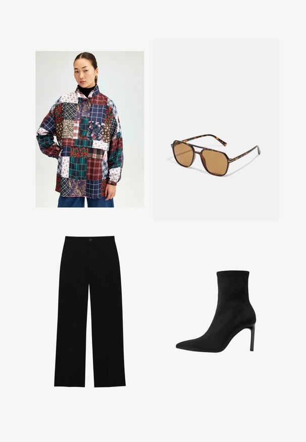 Patchwork shirt featuring varied patterns in floral, plaid, and paisley designs. Colors include burgundy, navy, green, and white. Long sleeves.; Two long-sleeve turtleneck tops, one white and one black, made of a smooth, stretchy fabric, both featuring slim-fitting design and high collars.; Black, high-waisted, wide-leg trousers made of a smooth fabric, featuring a flat front, button closure, and no visible pockets.; Black ankle boot made of smooth suede, featuring a pointed toe and a high stiletto heel. Sleek, minimalist design without embellishments.; Brown-tinted sunglasses with a tortoiseshell frame, rectangular lenses, and slender arms featuring an orange accent pattern.; Brown suede handbag with a gold square clasp, top handle, and chain strap. Features a rectangular shape and rounded edges.