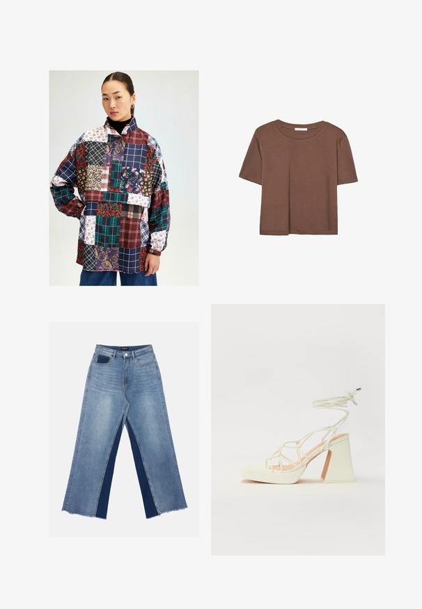 Košile s patchwork vzorem, která obsahuje různé motivy květin, kostkovaného a paisley vzoru. Barvy zahrnují burgundy, námořnickou modrou, zelenou a bílou. Dlouhé rukávy.; Hnědé tričko s krátkým rukávem vyrobené z měkké látky, s kulatým výstřihem a volným střihem. Bez viditelných vzorů nebo dekorací.; Světle modré široké džíny s kontrastními tmavě modrými panely, třepenými lemy a standardním pasem se zapínáním na kovový knoflík.; Bílé sandály na vysokém podpatku s robustním podpatkem, s designem s pásky a zavazováním kolem kotníku. Hladký povrch s platformou vpředu pro zvýšení výšky.