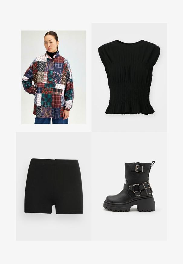 Pamučna košulja u patchwork stilu koja sadrži raznolike uzorke cvjetnog, kariranog i paisley dizajna. Boje uključuju burgundac, tamnoplavu, zelenu i bijelu. Dugački rukavi.; Crna kratka majica s kratkim rukavima od teksturiranog materijala s nabranošću na struku i volanima na rubu. Okrugli izrez.; Crne pamučne kratke hlače s prilagođenim dizajnom i elastičnom strukom. Glatka tekstura, dužina do sredine butina, bez vidljivih uzoraka ili detalja.; Crne kožne gležnjače s debelim potplatom, detaljima u obliku kopče i remena, te teksturiranom završnom obradom. Imaju petlju za lakše obuvanje.
