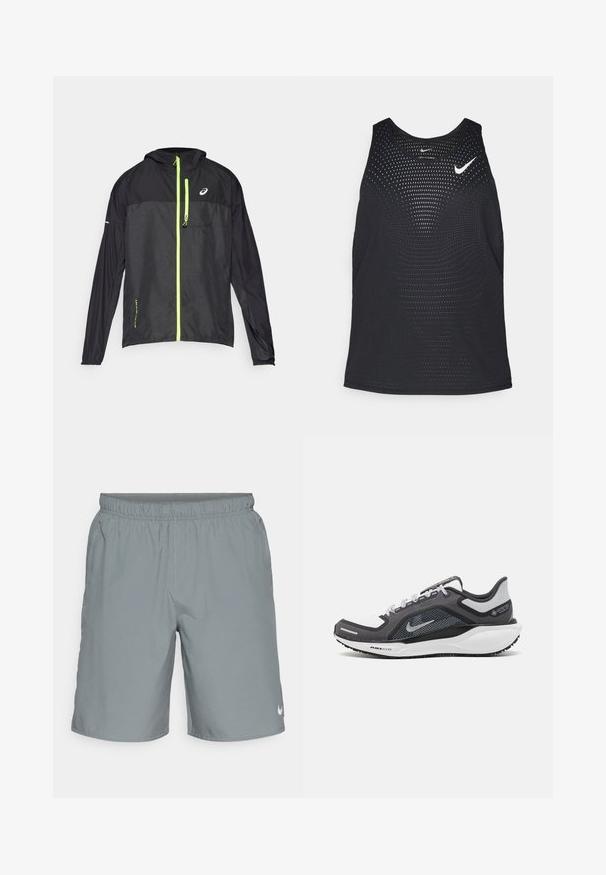 ASICS FUJITRAIL PACKABLE JACKET - Windjack - performance black; Zwarte sport tanktop met een geperforeerde textuur en ronde halslijn. Heeft een wit Nike-logo op de borst.; Grijze sportshorts met een elastische tailleband, zijzakken en een klein wit logo aan de onderkant aan de rechterkant. Glad van textuur.; Zwarte en grijze sportschoen met een bovenwerk van mesh, reflecterende accenten en een witte tussenzool. Beschikt over een gestructureerde rubberen zool en veters.