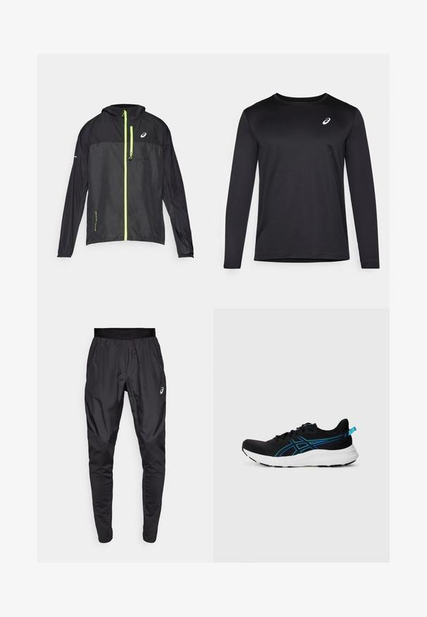 ASICS FUJITRAIL PACKABLE JACKET - Windbreakers - performance black; Sort langærmet atletisk skjorte lavet af struktureret stof, med rund halsudskæring og et lille logo på brystet.; Sorte træningsbukser med en strækbar talje, sidelommer og kontrasterende teksturpaneler på benene. Asics-logo på hoften.; Sort sportsko med en åndbar mesh-overdel, blå accenter, polstret hvid sål og en struktureret overflade for godt greb. Har snørebånd og hæltab.