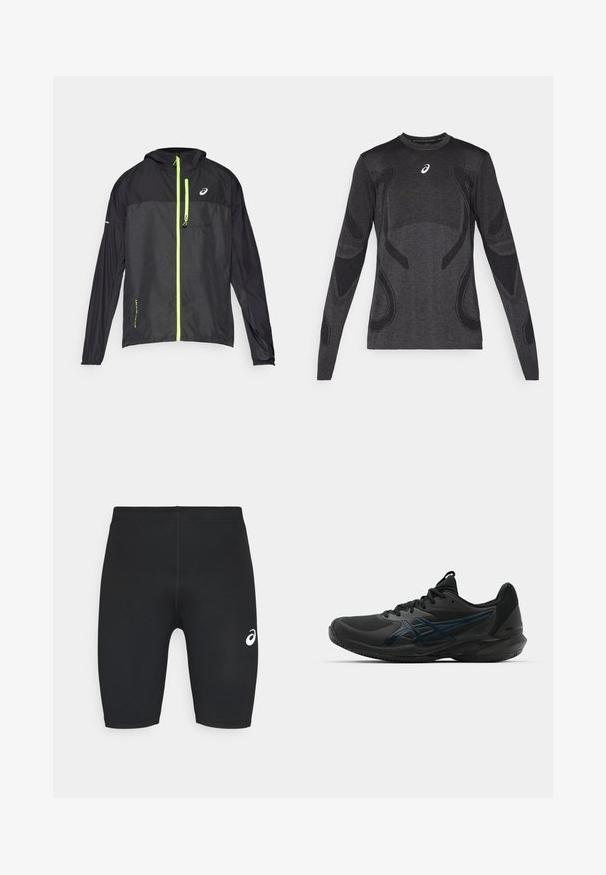 ASICS FUJITRAIL PACKABLE JACKET - Veste coupe-vent - performance black; Haut de sport à manches longues en gris foncé, avec des accents de design texturé en gris clair. Encolure ronde avec logo sur la poitrine.; Shorts de sport noirs avec une texture lisse, un design ajusté et un logo blanc sur le côté gauche. Pas de poches visibles ni de détails en métal.; ASICS SOLUTION SPEED FF 3 CLAY - Chaussures de tennis pour terre-battueerre battue - black/prism blue