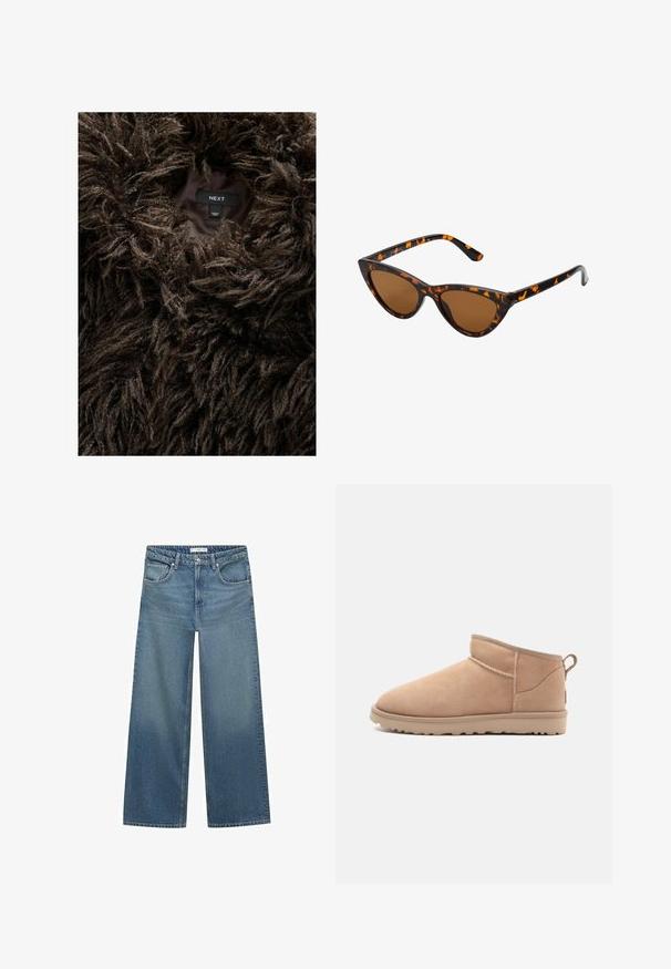 Rjav shaggy umetni krznen plašč z vidno oznako znotraj, ki pravi "NEXT" in "Narejeno na Kitajskem" na temnem notranjem podložu.; Rjav pleteni pulover z okroglim izrezom, spuščenimi rameni in rebrastimi manšetami. Mehka tekstura, skrajšan dizajn in ohlapen kroj.; Svjetloplave široke traperice izrađene od denima, s srednjim strukom, dva prednja džepa i klasičnim šavovima.; Tan zamšaste gležnjarje z zaobljenim nosom, mehko teksturo, preprostim dizajnom in nizkim gumijastim podplatom. Ima zanka na hrbtni strani.; Mačje oči sončna očala z okvirom v črno-oranžni želvej ohišji, rjavimi lečami in elegantnimi, ostrimi konicami. Imajo minimalistični logo na ročaju.; Temno rjava usnjena torbica s strukturirano obliko, ki ima dve zgornji ročaji in odstranljiv trak z zlatim zelojšim zakovicam.