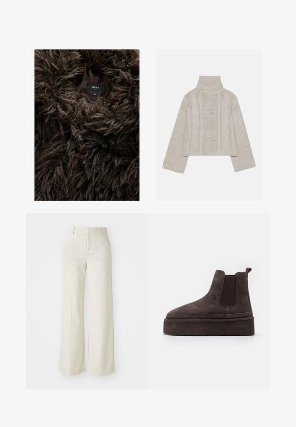 Palton din blană artificială maro, cu un etichete vizibile în interior care citeste "NEXT" și "Fabricat în China" pe o căptușeală interioară întunecată.; Pulover tricotat, de culoare gri deschis, cu guler înalt și manșete ribbrate, având modele texturate de cabluri pe spate și pe laturi.; Pantaloni cu picioare largi, de culoare bej deschis, dintr-un material neted. Prezintă un brâu clasic și un față plată cu linii curate.; Cizme Chelsea din suede maro, cu panouri elastice pe laterale și o talpă groasă, texturată. Dispun de un obiect de prindere la călcâi pentru a facilita îmbrăcarea.
