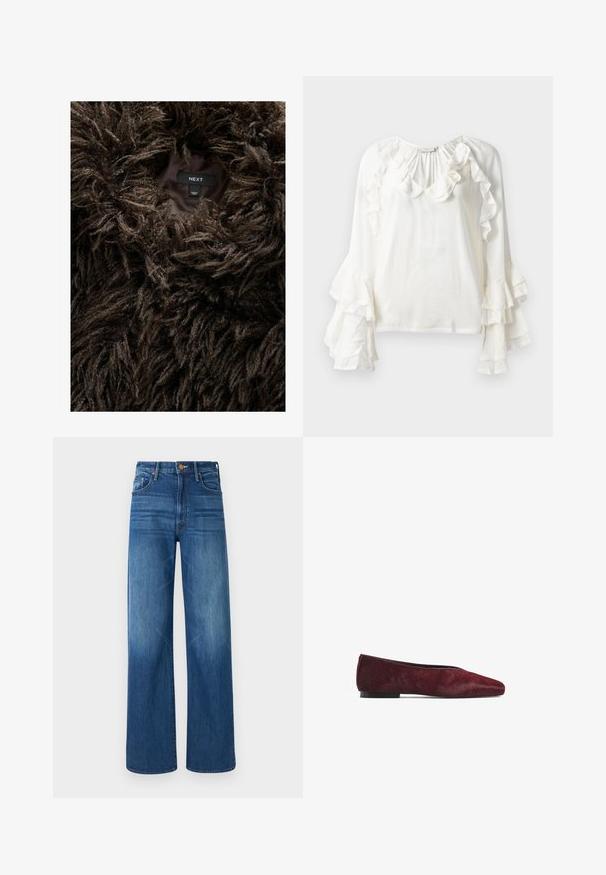 Manteau en fausse fourrure shaggy marron avec une étiquette visible à l'intérieur indiquant "NEXT" et "Fabriqué en Chine" sur une doublure intérieure foncée.; Copenhagen Muse NORMA - Blouse - jet stream; Mother THE LASSO SNEAK - Jean boyfriend - dark blue denim; Ballerine en rouge foncé, fabriquée en cuir avec poils. Présente une pointe aigüe et une semelle plate noire, mettant en valeur une texture lisse.