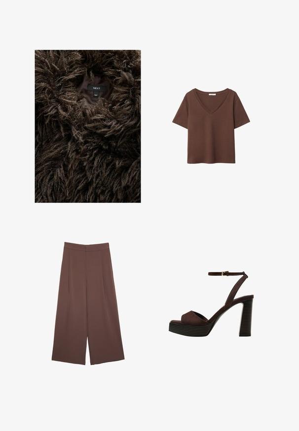 Brown shaggy faux fur coat with a visible label inside reading "NEXT" and "Made in China" on a dark inner lining.; Brown cotton t-shirt with short sleeves and a deep V-neck. Simple design, soft texture, and straight hemline. No patterns or accents.; Brown wide-leg trousers with a smooth texture, featuring a high waist and front pleats. The fabric is lightweight and flows loosely.; Brown suede high-heeled sandal with an open toe, adjustable ankle strap, and a striped platform sole.