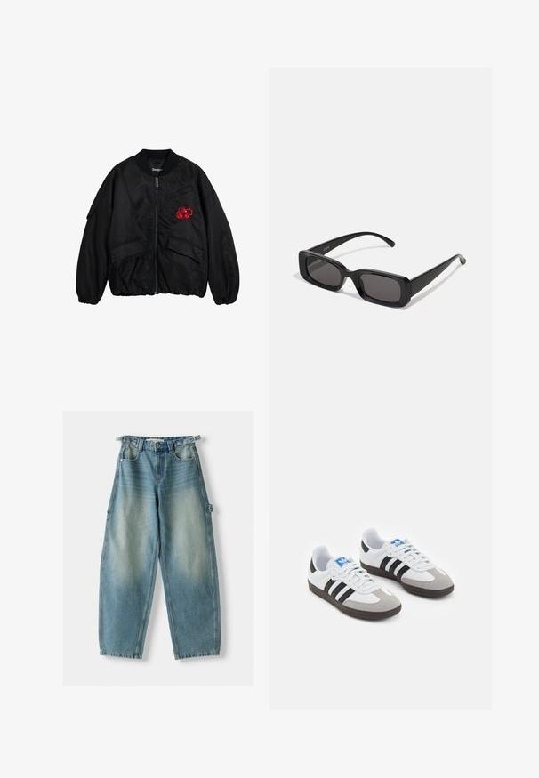 Jachetă bomber neagră din material asemănător satinului, cu fermoar frontal, guler ribbit și design brodat roșu pe partea stângă.; Top de bumbac alb fără mâneci, cu bretele late, decolteu rotund și o textură netedă, cu rigle. Fără modele sau accente prezente.; Jeans din denim ușor, cu talie înaltă, de culoare albastră, cu croială liberă. Caracteristici includ o închidere cu button, bucle pentru curea și buzunare laterale.; Încălțăminte sport cu un superior din piele albă, vârf din suede gri și trei dungi negre. Prezintă un logo albastru pe limbă și o talpă din cauciuc texturat.; Ochelari de soare negri, cu ramă rectangulară, lentile întunecate, finisaj lucios, brațe late și un design masiv. Numele mărcii gravat pe una dintre brațe.