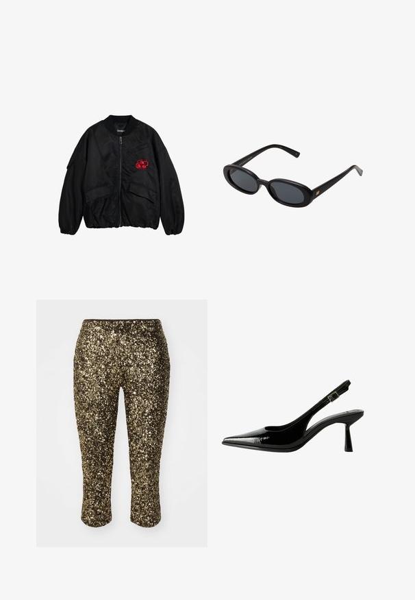 Black bomber jacket made of satin-like material, featuring a front zipper, ribbed collar, and red embroidered design on the left side.; White long-sleeve shirt made of soft fabric. Features a fitted design with gathered detailing at the waist and a round neckline.; Gold sequin capri pants with a fitted design and elastic waistband, featuring a shiny, textured surface that catches light.; Black patent leather slingback pump with a pointed toe, cutout sides, adjustable ankle strap, and a thin, sleek heel.; Black oversized sunglasses with oval lenses, smooth plastic frame, and gold accents on temple. Dark lenses provide sun protection.