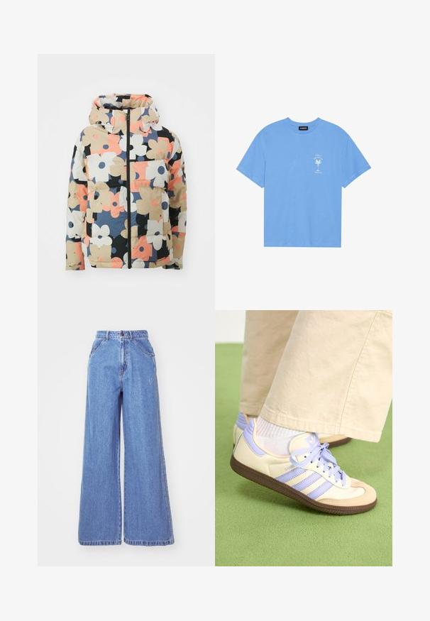 Casaco acolchoado com capuz em estampado floral multicolorido, apresentando grandes flores em bege, preto, rosa e marinho sobre um fundo creme. Fecho de correr na frente, bolsos.; T-shirt de algodão azul claro com decote redondo. Apresenta uma gráfica branca de uma palmeira e texto na área do peito esquerdo. Mangas curtas.; adidas Originals Calças de ganga de perna direita - light denim; Sapatilhas em creme e lavanda com três riscas e uma sola castanha texturizada, apresentando atacadores e um calcanhar almofadado. Parte superior em tecido suave.