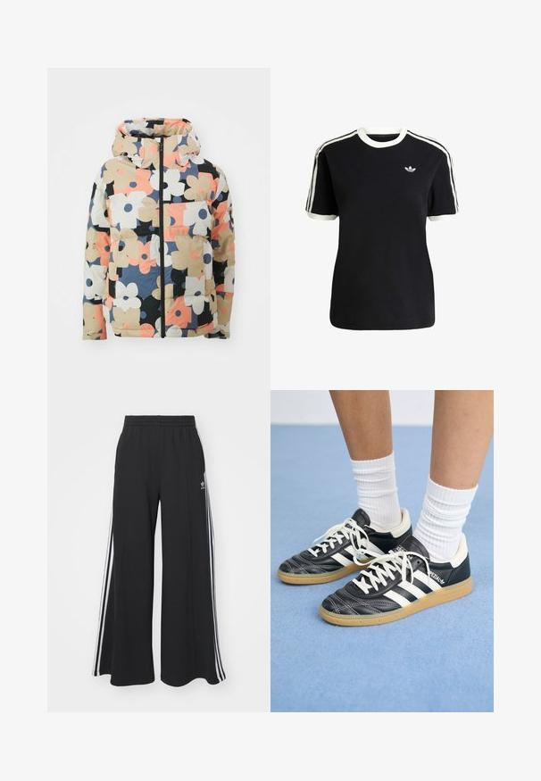 Giacca imbottita con cappuccio in stampa floreale multicolore, con grandi fiori beige, neri, rosa e blu marino su uno sfondo crema. Chiusura frontale con zip, tasche.; T-shirt nera in cotone con accenti bianchi sul collo e sulle maniche, caratterizzata da tre strisce bianche su ciascun spalla e un piccolo logo sul petto.; Pantaloni in felpa neri a gamba larga con vita elastica, dotati di strisce bianche sui lati e un logo ricamato sulla coscia sinistra.; Sneaker in pelle nera con strisce bianche, punta rotonda, lacci bianchi e suola in gomma. Menzionate del collare imbottito e dettagli del marchio.