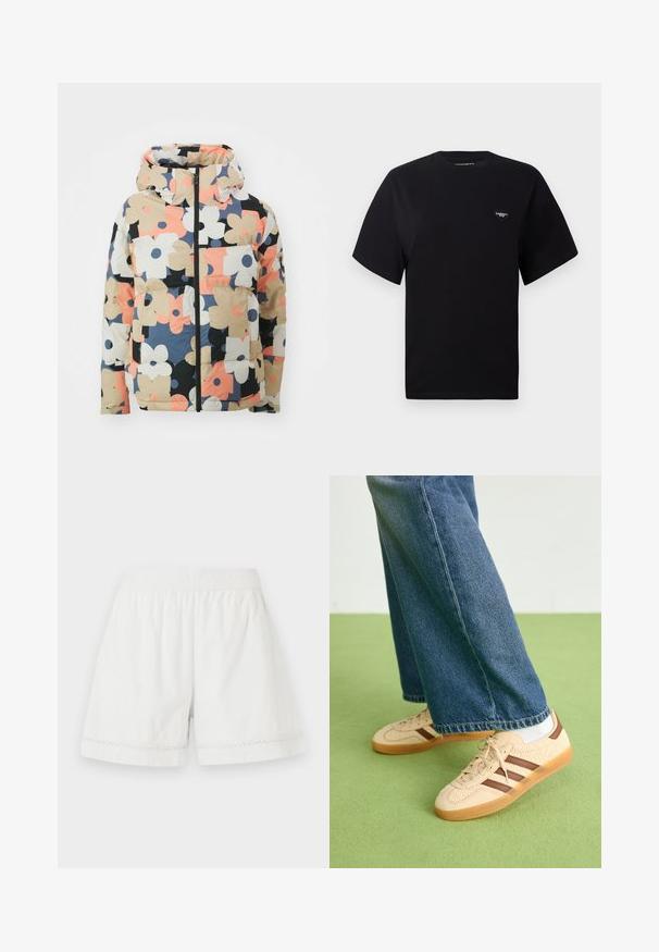 Podložena jakna s kapuco v večbarvnem cvetličnem vzorcu, ki prikazuje velike bež, črne, roza in mornarsko modre cvetove na kremnem ozadju. Sprednje zapiranje na zadrgo, žepi.; Črna bombažna majica s kratkimi rokavi, okroglim izrezom in izvezenim logotipom v obliki srca na levem prsnem delu. Preprost, neokrašen dizajn.; Bela lanena kratka hlače z elastičnim pasom, sproščenim krojem in dekorativnim čipkastim robom. Gladka tekstura in sproščen dizajn.; Bež teniske z teksturiranimi kremnimi paneli in rjavimi črtami, v kombinaciji z modrimi kavbojkami. Kavbojke imajo široke hlačnice in raztrgan rob.