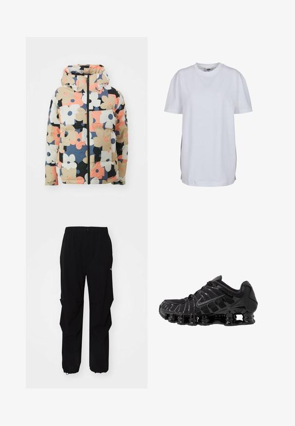 Gestepptes, kapuzengefüttertes Jacket im mehrfarbigen Blumenmuster mit großen beigen, schwarzen, rosa und marineblauen Blumen auf einem cremfarbenen Hintergrund. Vorderer Reißverschluss, Taschen.; Weißes T-Shirt mit kurzen Ärmeln aus Baumwolle, mit Rundhalsausschnitt und lockerer Passform, ohne sichtbare Muster oder Grafiken.; Schwarze Outdoor-Hosen aus langlebigem Material, mit lockerer Passform, elastischem Bund und verstellbaren Bündchen für variable Längen.; Schwarzer Sportschuh mit Mesh-Obermaterial und glänzenden Überzügen. Verfügt über eine geschwungene Spiraldämpfung und strukturierte Linien an der Seite. Nike-Logo sichtbar.