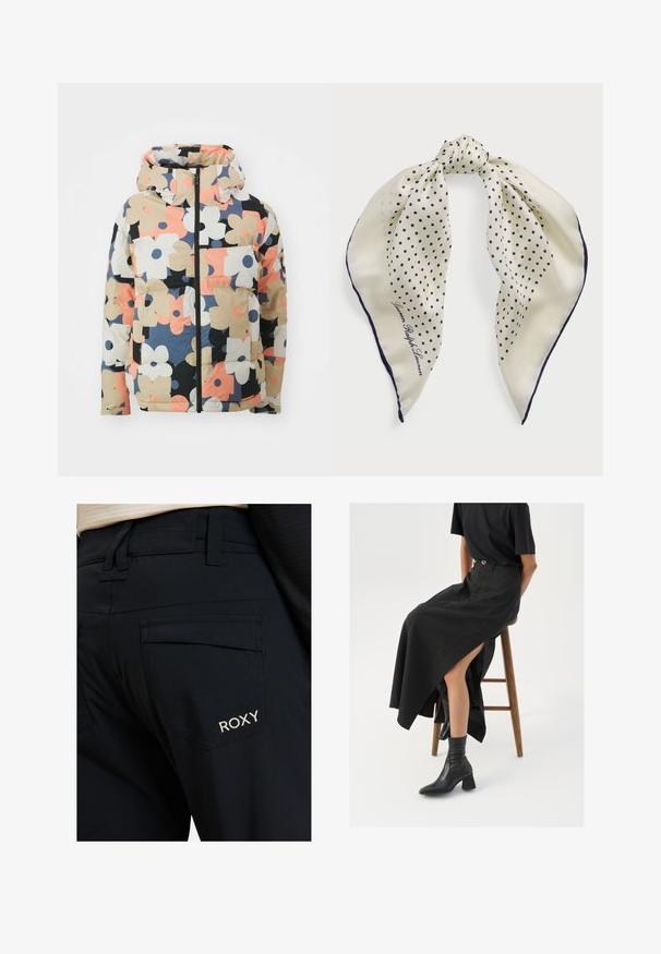 Gevoerde capuchonjack in multi-kleurig bloemenprint, met grote beige, zwarte, roze en marineblauwe bloemen op een romige achtergrond. Voorkant met rits sluiting, zakken.; Wit katoenen T-shirt met korte mouwen, een ronde hals en een gladde textuur. De achterkant is effen zonder extra patronen of ontwerpen.; Zwarte broek met een gladde textuur, een getailleerde pasvorm en grote achterzakken. Het Roxy-logo is in het wit geborduurd op de rechterzak.; Zwarte linnen maxi rok met een hoge split, gedragen met een zwart T-shirt en zwarte enkellaarsjes. Minimalistisch ontwerp met een relaxte pasvorm.; Zijden sjaal met een crèmekleurige achtergrond en marineblauwe stippen, geknoopt in het midden; marineblauwe rand; met de tekst "Lauren Ralph Lauren."