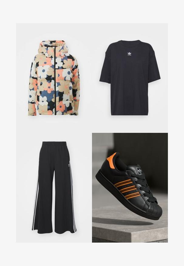 Chaqueta acolchada con capucha en estampado floral multicolor, con grandes flores en beige, negro, rosa y marino sobre un fondo crema. Cierre frontal con cremallera, bolsillos.; Camiseta de algodón negra con mangas cortas, cuello redondo, presenta un logo blanco de Adidas en el pecho. Diseño simple, ajuste relajado.; Pantalones de chándal negros de pierna ancha con una cinturilla elástica, que presentan franjas blancas a los lados y un logo bordado en el muslo izquierdo.; Zapatilla negra con acentos naranjas, tres franjas horizontales, parte superior de cuero texturizado, punta de goma y cordones negros.