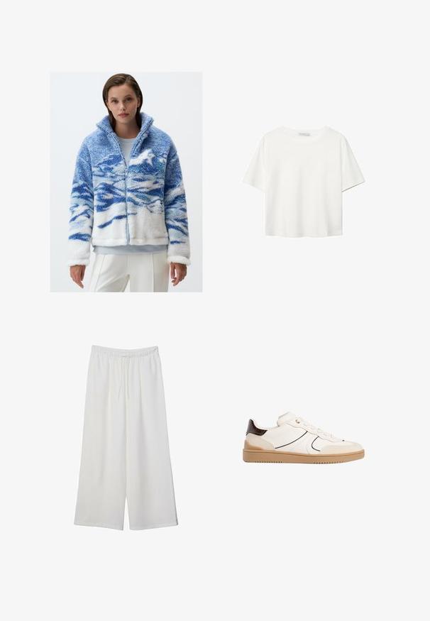 Fleecejacke mit blauen und weißen Wellenmustern, Reißverschluss vorne, hoher Kragen und weicher Textur. Lange Ärmel mit weißen Bündchen.; Weißes T-Shirt mit kurzen Ärmeln aus Baumwolle. Hat einen Rundhalsausschnitt und eine lockere Passform. Glatte Textur ohne sichtbare Muster oder Akzente.; Weiße, weit geschnittene Hosen aus leichtem Stoff, mit einem elastischen Bund und einem Zugband für eine verstellbare Passform. Glatte Textur.; Stradivarius Sneaker low - white