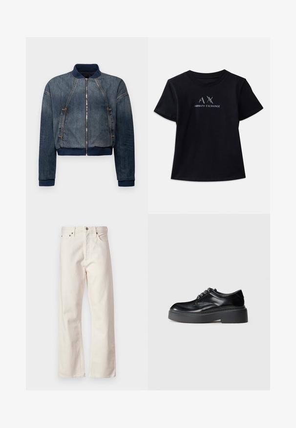 Armani Exchange BLOUSON niebieski denim; Czarna koszulka z krótkim rękawem i okrągłym dekoltem. Posiada logo "AX" oraz napis "ARMANI EXCHANGE" w kontrastujących białych i metalicznych akcentach. Miękki materiał.; Białe dżinsy o prostym kroju z klasycznym pięciopocketowym wzorem, z metalowym zapięciem na guziki i subtelną teksturą.; Czarne skórzane buty z okrągłym noskiem, grubą platformą i dekoracyjnym zdobieniem w postaci sznurowadeł. Gładka tekstura i widoczne kontrastowe przeszycia.