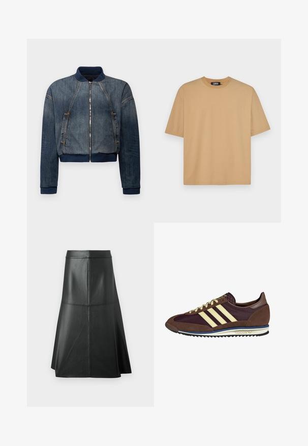 Armani Exchange BLOUSON - Traper jakna - indigo denim; Bež pamučna majica s okruglim izrezom, kratkim rukavima i opuštenim krojem. Glatka tekstura s šavovima duž rubova i rukava.; Crna kožna suknja A-linije, glatke teksture, srednje dužine do lista, sa horizontalnim šavovima u struku i na šavovima za dodatnu čvrstoću.; Smeđi i burgundski teniski s uzorcima od antilopa i mrežastih materijala, s tri kremaste pruge, teksturiranim materijalom na jeziku i gumeni potplat.