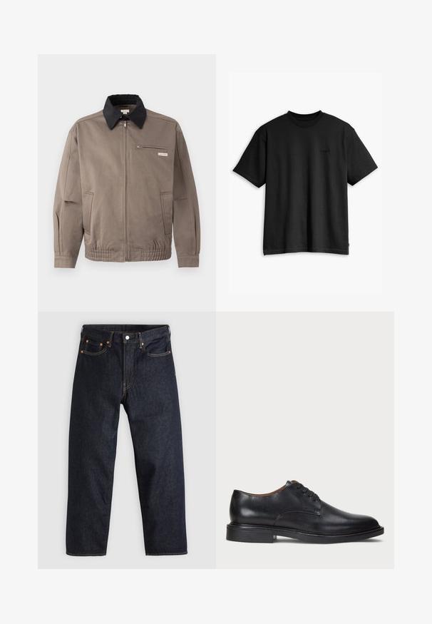 Szürke dzseki fekete gallérral, elöl cipzárral és mellzsebbel. Rugalmas mandzsettákkal és derékpánttal ellátva, tartós anyagból készült.; Fekete pamut póló kerek nyakkal és rövid ujjakkal. Diszkrét elülső logóval és egyenes szegéllyel rendelkezik. Egyszerű és minimalista dizájn.; Sötétkék farmernadrág egyenes szabással, öt zsebbel, kontrasztos narancssárga varrással és gombos záródással. Nem látható rajta mintázat vagy díszítés.; Fekete bőrből készült dresszcipő kerek orral, fűzős kialakítással és alacsony, rétegelt sarkával. Simás felület minimális varrási részletekkel.