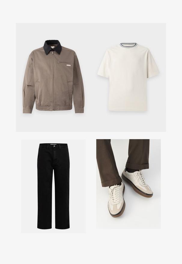 Grå jakke med sort krave, front lynlås og brystlomme. Har elastiske manchetter og linning, lavet af slidstærkt stof.; Cremefarvet bomulds t-shirt med korte ærmer, der har en rund halsåbning accentueret med marineblå og hvide striber. Glat tekstur, afslappet pasform.; Sorte denimbukser med lige pasform, klassisk fem-lomme design og knaplukning i taljen. Glat tekstur og holdbart stof.; Beige sneakers med en struktureret ruskind front, glatte lædersider og en brun gummisål. Snørebånd og let stikning er inkluderet.