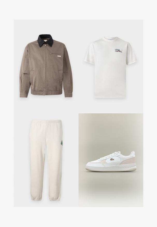 Šedá bunda s černým límcem, předním zipem a kapsou na hrudi. Obsahuje elastické manžety a pas, vyrobena z odolné tkaniny.; Bílá bavlněná tričko s kulatým výstřihem, krátkými rukávy a malým vyšitým logem zobrazujícím hory a text na levé straně hrudi.; Světle béžové tepláky vyrobené z bavlny, s elastickým pasem, žebrovanými náplety a zeleným logem s designem listu na levé noze.; Bílé tenisky s hladkým koženým svrškem, semišovými doplňky a gumovou podrážkou. Obsahují embosované logo a šněrovací design. Minimalistická estetika.