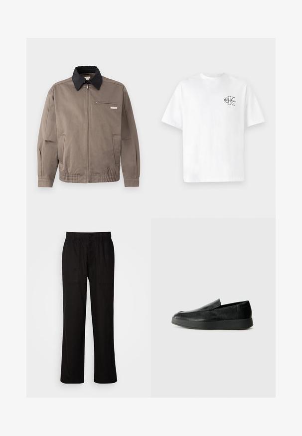 Szürke dzseki fekete gallérral, elöl cipzárral és mellzsebbel. Rugalmas mandzsettákkal és derékpánttal ellátva, tartós anyagból készült.; Fehér pamut póló rövid ujjakkal, kerek nyakkal, a bal mellkas részen fekete CK logóval, normál szabású, sima tapintású.; Fekete, laza szabású nadrág, könnyű anyagból készült. Rugalmas derékkal, gombos záródással és két elülső zsebbel rendelkezik.; Calvin Klein HYBRID CUP - Belebújós cipők - triple black