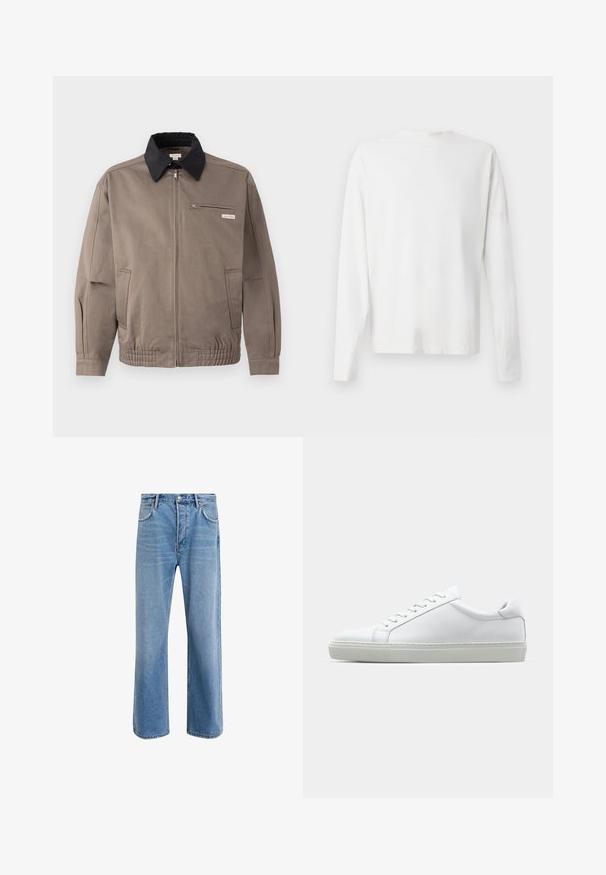 Veste grise avec un col noir, fermeture éclair sur le devant et une poche poitrine. Dispose de poignets et d'une taille élastiques, fabriquée en tissu durable.; Chemise en coton blanc à manches longues avec un col rond, fentes latérales en bas et une texture lisse, présentée de dos.; Jeans en denim bleu clair avec une coupe droite, cinq poches, fermeture à bouton, peu d'usure et des détails de couture contrastés.; Sneaker blanche avec une tige en cuir lisse et un profil bas. Présente un bout arrondi, six œillets et une semelle en caoutchouc texturé.