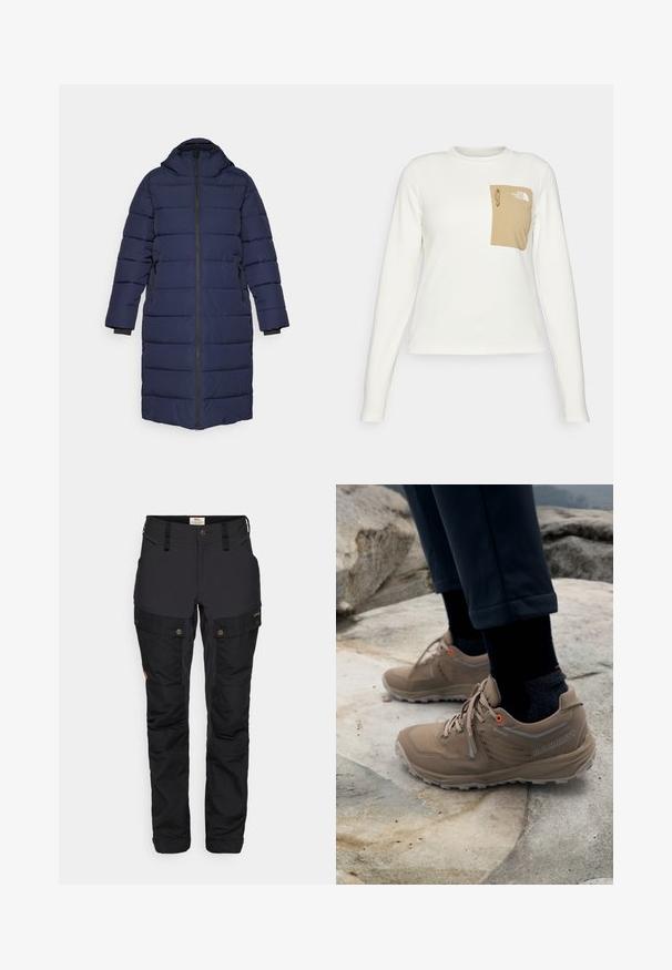 Námořnická modrá péřová bunda s kapucí, zapínáním na zip, žebrovanými manžetami a bočními kapsami. Obsahuje vodorovné švy pro prošívanou texturu.; Bílá košile s dlouhým rukávem vyrobená z texturované látky, s béžovou náprsní kapsou, která má šňůrku a logo.; Černé venkovní kalhoty s odolnou texturou, vybavené cargo kapsami, nastavitelným pasem a knoflíkovými uzávěry, navržené pro funkčnost a pohodlí.; Béžové turistické boty vyrobené z veluru a síťoviny s šedými akcenty a živými oranžovými očky. Na boku je viditelné branding Gore-Tex.