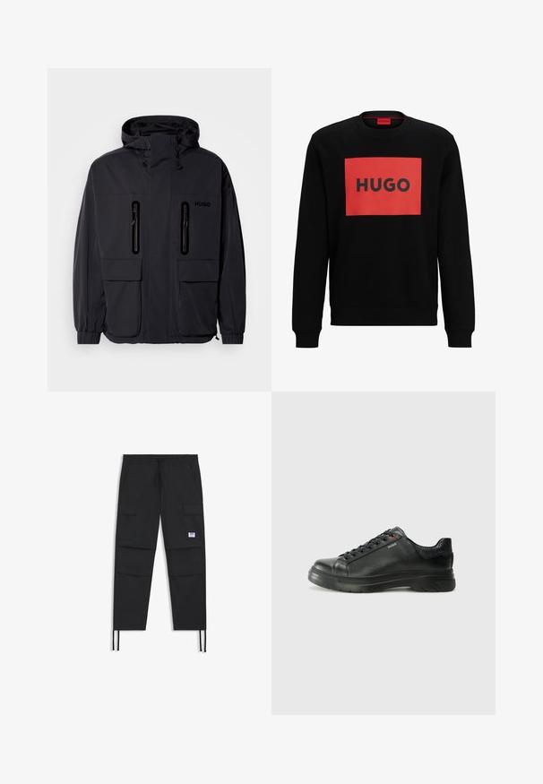 Sort vandtæt jakke med hætte, to lynlås-lommer på brystet og elastiske manchetter. Har et minimalistisk design og "HUGO" branding.; Sort sweatshirt med en rød rektangulær grafik. Ordet "HUGO" er fremhævet i fed sort skrifttype. Ribbet halsudskæring og manchetter.; Sorte cargo-bukser med snøre i taljen, flere lommer, elastisk cuff og et diskret logo-patch. Fremstillet af letvægtsstof.; Sorte lædersneakers med tekstureret overdel, polstret krave og rødt logo-detajle. Har en tyk gummisål med tydeligt mønster.