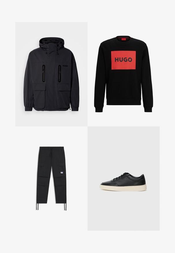 Sort vandtæt jakke med hætte, to lynlås-lommer på brystet og elastiske manchetter. Har et minimalistisk design og "HUGO" branding.; Sort sweatshirt med en rød rektangulær grafik. Ordet "HUGO" er fremhævet i fed sort skrifttype. Ribbet halsudskæring og manchetter.; Sorte cargo-bukser med snøre i taljen, flere lommer, elastisk cuff og et diskret logo-patch. Fremstillet af letvægtsstof.; Sort lavt top lædersneaker med sorte snørebånd og off-white sål vist i sideprofil på hvid baggrund.