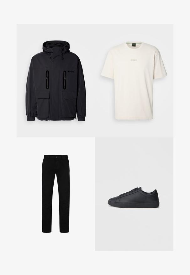 Melna ūdensnecaurlaidīga jaka ar kapuci, divām kabatām ar rāvējslēdzēju krūšu augšdaļā un elastīgām aprocēm. Ievēro minimālistisku dizainu un "HUGO" zīmolu.; BOSS TEE - Pamata T-krekls - open white; Melni kokvilnas bikses ar taisnu piegriezumu, kas aprīkotas ar pogu aizdari, jostu cilpām un minimālistisku dizainu. Gluda tekstūra, bez rakstiem.; Melnas kedas no gludas ādas ar zemu adatu dizainu, apaļu purngalu un plakanu gumijas zoli. Satur auklas un diskrētu zīmolu.