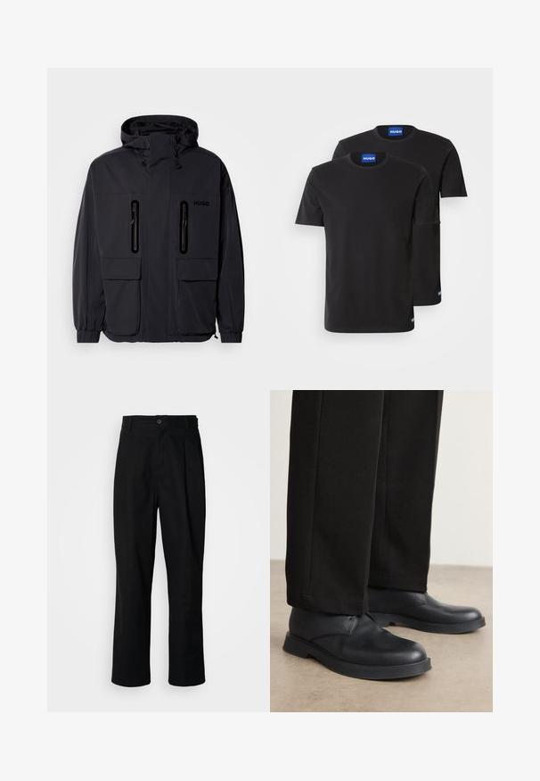 Čierna nepremokavá bunda s kapucňou, dvoma zipsovými náprsními vreckami a elastickými manžetami. Disponuje minimalistickým dizajnom a značkou "HUGO".; Dvoje čiernych bavlnených tričiek s okrúhlym výstrihom, krátkymi rukávmi a modrými nálepkami "HUGO" na golieroch a bočných lemoch.; Čierne nohavice s rovnými nohavicami, s gombíkovým pásom, pútkami na opasok a predným záhybom, vystavené na jednoduchej bielej pozadí.; Čierne kožené topánky s okrúhlou špičkou, plochou podrážkou a minimálnym ozdobením. V kombinácii s jemne strihanými čiernymi nohavicami, ktoré ukazujú hladkú textúru.