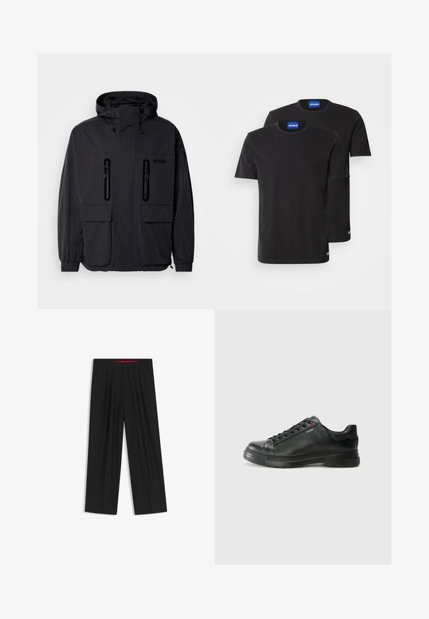 Black waterproof jacket with a hood, two zippered chest pockets, and elastic cuffs. Features minimalistic design and "HUGO" branding.; Two black cotton T-shirts with round necklines, short sleeves, and blue "HUGO" labels on the collars and side hems.; Black wide-leg trousers with a flat front, two side pockets, pleated design, and a contrasting red interior waistband.; Black leather sneaker with textured upper, padded collar, and red logo detail. Features a thick rubber sole with distinct tread pattern.