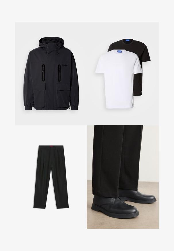 Giacca impermeabile nera con cappuccio, due tasche a zip sul petto e polsini elastici. Presenta un design minimalista e il marchio "HUGO".; Due magliette impilate: una bianca e una nera. Maniche corte, scollature rotonde, tessuto di cotone. Presentano un piccolo logo blu sul colletto.; Pantaloni neri con un design plissè, forma a gamba larga e texture liscia. Presentano un'etichetta rossa in vita.; Scarpe in pelle nera con punta tondeggiante, suola piatta e dettagli minimi. Abbinato a pantaloni neri su misura, che mostrano una superficie liscia.
