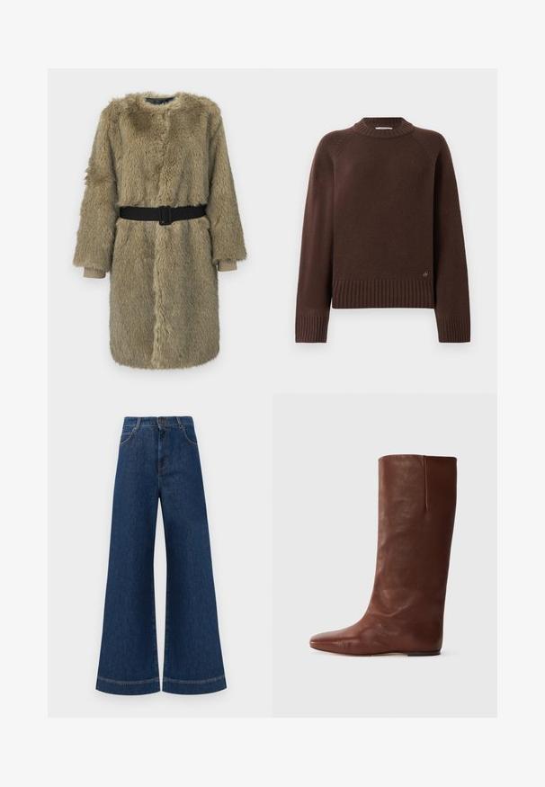 Abrigo de piel sintética en marrón claro con un acabado texturizado, que cuenta con mangas largas, cuello redondo y un cinturón negro en la cintura.; Jersey de lana marrón oscuro con puños, dobladillo y cuello tipo mock ribeteados, que presenta un pequeño logo metálico cerca del dobladillo inferior sobre un fondo liso.; Jeans de mezclilla azul de pierna ancha con una cintura alta, que cuentan con un cierre de botón, pasadores para cinturón y detalles de costura sutil a lo largo de los bolsillos y los dobladillos.; Bota alta de cuero marrón con punta afilada y diseño minimalista; textura suave, sin herrajes visibles ni adornos.