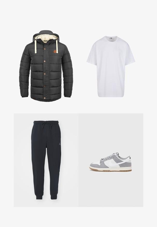 Black padded jacket with a hood, featuring beige drawstrings, brown button accents, and a soft, cream-colored inner lining.; White cotton t-shirt with short sleeves, rounded neckline, relaxed fit, and no visible logos or patterns. Smooth texture and minimal design.; Black jogger pants made of soft fabric, featuring an elastic waistband with a drawstring, ribbed cuffs, and a small logo on the left thigh.; Nike sneakers feature a gray suede and white leather upper with perforations, round laces, and a gum sole for traction.