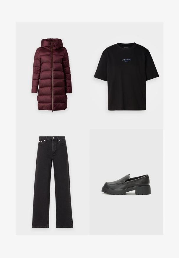 Cappotto imbottito bordeaux con cappuccio, caratterizzato da una chiusura frontale con zip, collo alto e design trapuntato. Texture liscia e silhouette lunga fino al ginocchio.; T-shirt nera in cotone con colletto rotondo, maniche corte e logo ricamato blu "Calvin Klein JEANS" sul davanti.; Jeans neri a gamba larga in denim, con vita alta, styling a cinque tasche e chiusura con bottone metallico e cuciture a contrasto.; Mocassini in pelle nera con punta arrotondata, suola spessa e testurizzata, e minime cuciture. Design elegante senza lacci o parti metalliche visibili.