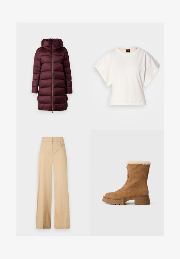 Burgundi színű puffermellény kapucnival, cipzáras elülső résszel, magas gallérral és steppelt dizájnnal. Simább textúrával és térd alá érő siluettel.; Fehér, rövid, bő ujjú, crop szabású póló, puha pamut anyagból, kerek nyakkivágással, finom narancssárga díszítéssel, minimalista dizájn, minta vagy grafika nélkül.; Beige színű, bővülő lábú nadrág kevert pamut anyagból. Simás textúrával, elasztikus derékpánttal és oldalsó gombos díszítéssel rendelkezik.; Barna velúr bokacsizma bolyhos krém béleléssel, oldalsó cipzárral és vastag gumitalppal. Jellemzője a sima felület és a kerek orr.