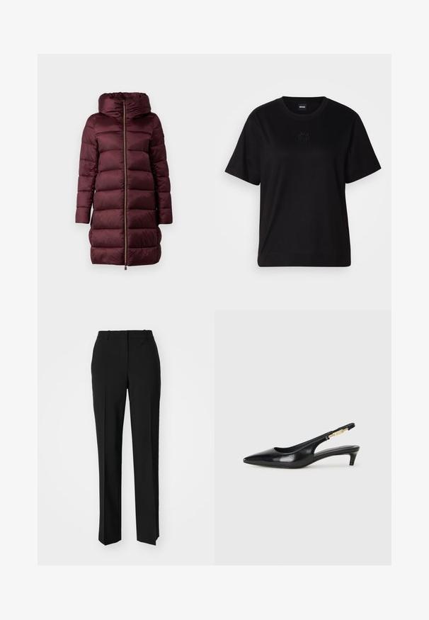 Cabană puffer burgundy cu glugă, featuring un fermoar frontal, guler înalt și un design matlasat. Textură netedă și siluetă până la genunchi.; T-shirt negru din bumbac, cu guler rotund, mâneci scurte și un logo brodat pe piept. Design simplu, cu o croială relaxată și fără modele.; Pantaloni negri tailor-ed cu un design drept, având o textură fină și cute clare pe față. Fără elemente de prindere vizibile.; Sandale slingback din piele neagră cu vârf ascuțit, având un toc subțire și un accent de culoare aurie pe curea ajustabilă. Textură netedă.